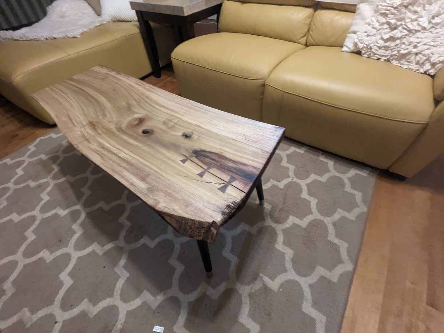 Live Edge Rainbow Poplar Coffee Table with Black Walnut Bow Ties