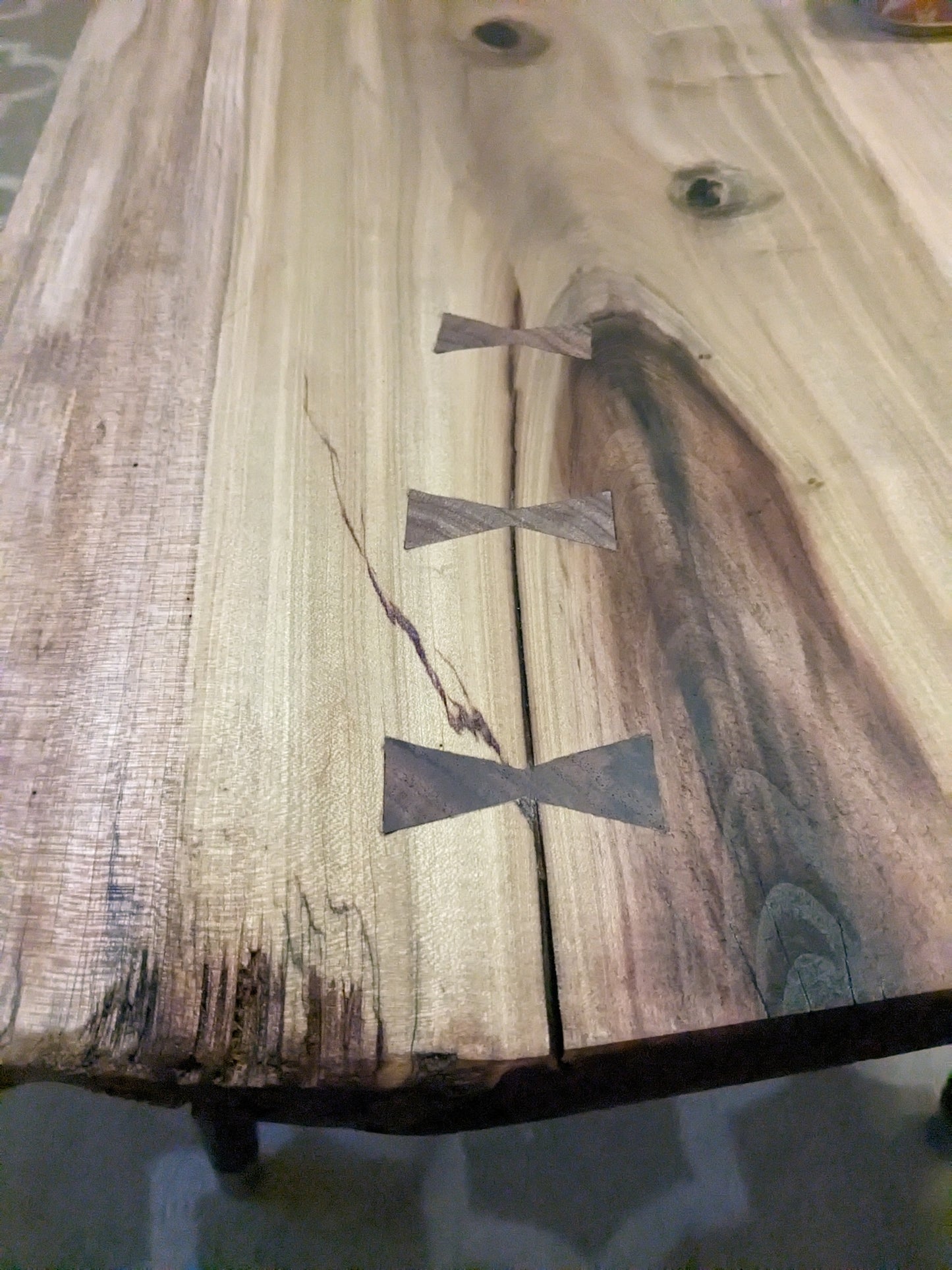 Live Edge Rainbow Poplar Coffee Table with Black Walnut Bow Ties