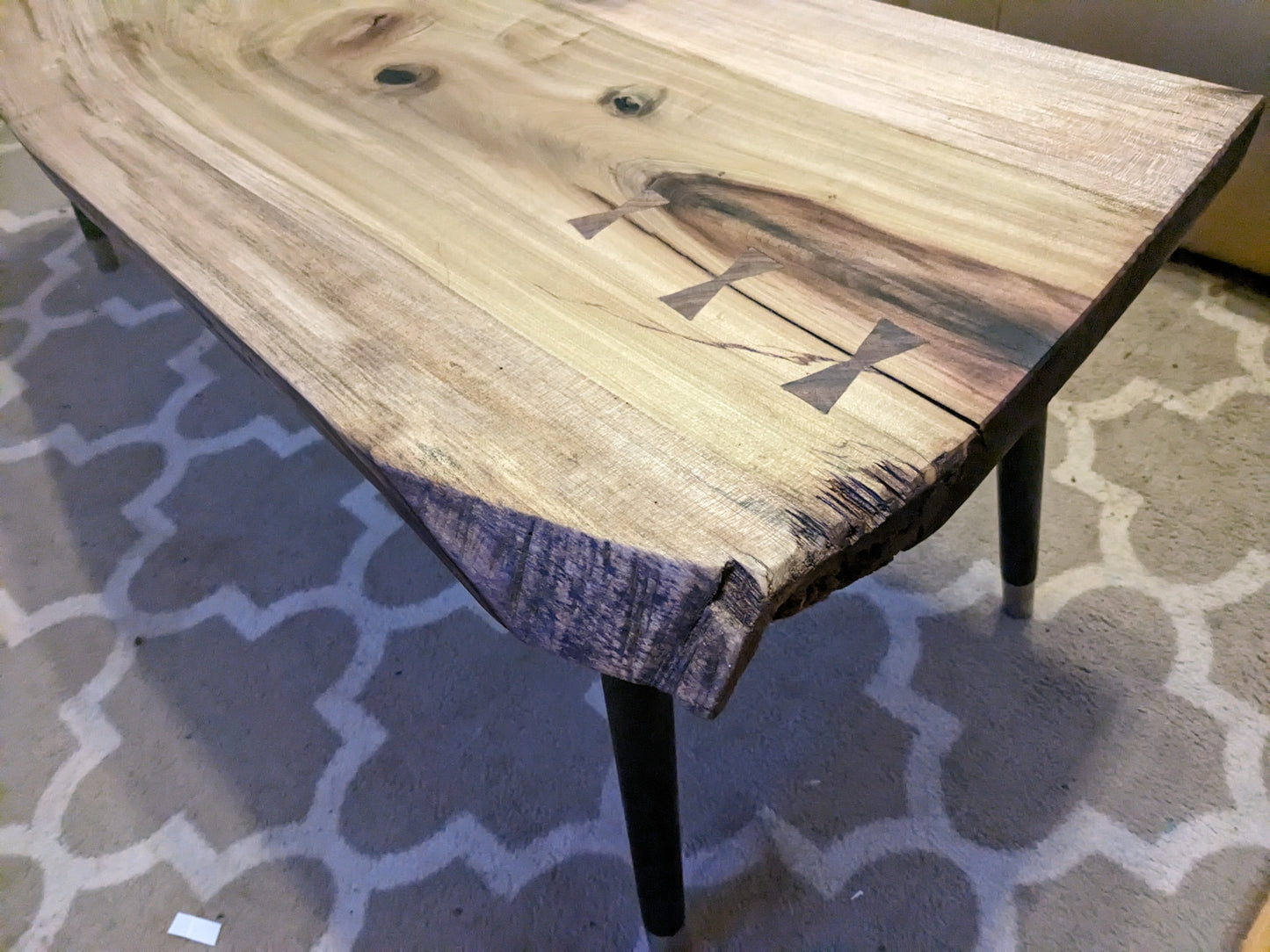 Live Edge Rainbow Poplar Coffee Table with Black Walnut Bow Ties