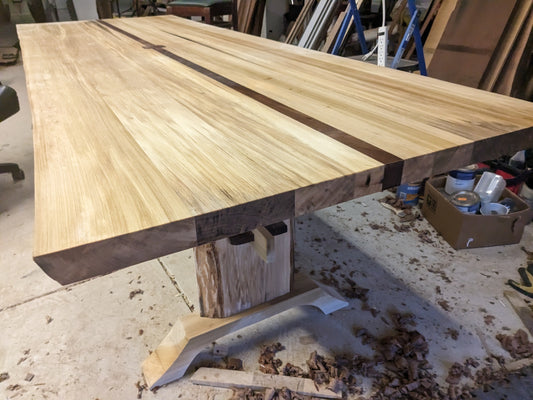 Rainbow Poplar Trestle Table with Live Edge Legs